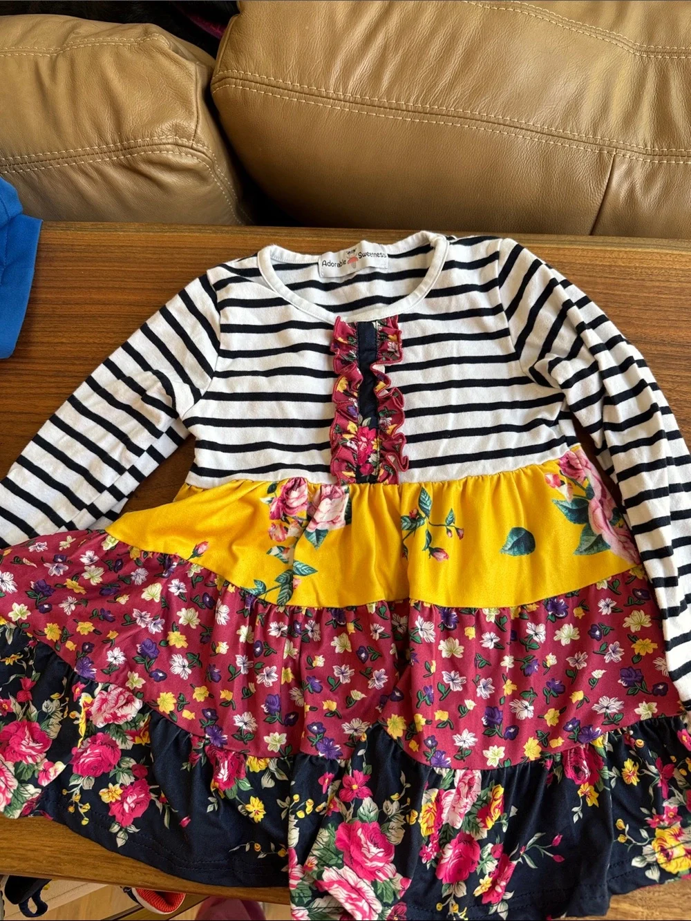 Girls Navy Stripe & Floral Tiered Matching Set with Yellow Accents